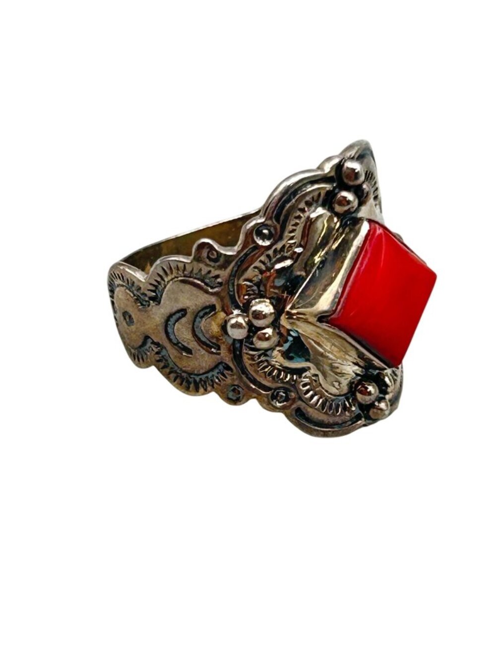 Vintage Navajo Red Coral Ring Size 8 Sterling Silver 925 Signed G